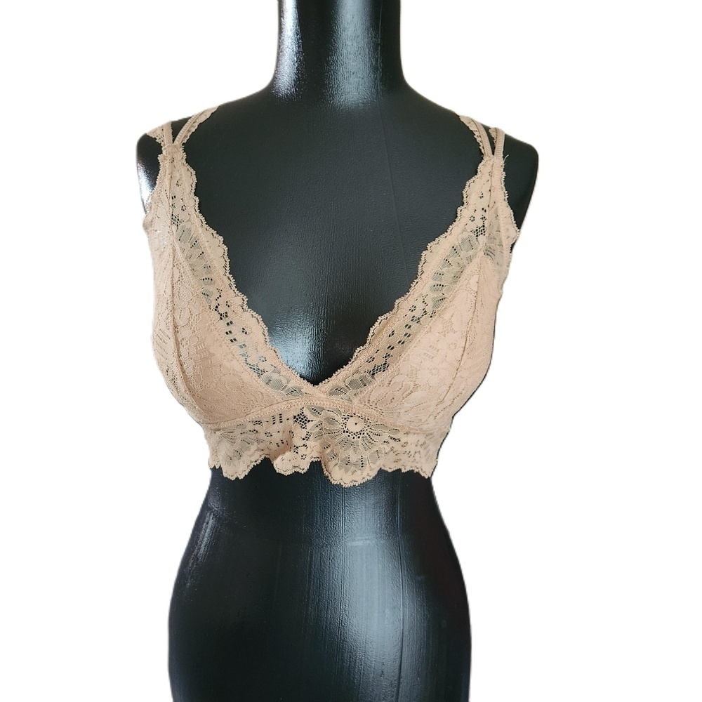 Aerie Beige Lace V Neck Padded Bralette Medium NWT